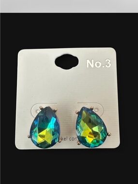 Teardrop Aurora Volcano Crystal Stud Earrings - Blue Green yellow